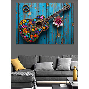Çiçekli Renkli Akustik Gitar Dekoratif Kanvas - Mdf Ahşap Tablo 100x140 cm
