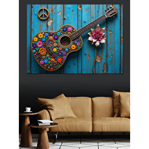 Çiçekli Renkli Akustik Gitar Dekoratif Kanvas - Mdf Ahşap Tablo 100x140 cm