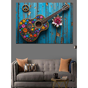 Çiçekli Renkli Akustik Gitar Dekoratif Kanvas - Mdf Ahşap Tablo