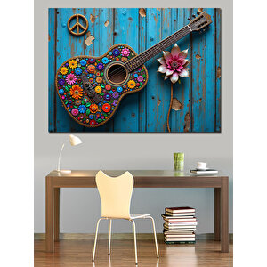 Çiçekli Renkli Akustik Gitar Dekoratif Kanvas - Mdf Ahşap Tablo