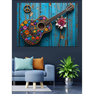 Çiçekli Renkli Akustik Gitar Dekoratif Kanvas - Mdf Ahşap Tablo 50x70 cm