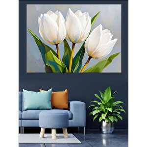 Beyaz Lale Çiçekleri Dekoratif Kanvas - Mdf Ahşap Tablo 100x140 cm