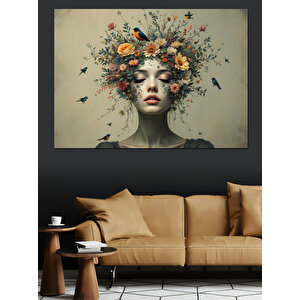 Çiçeklerden Kadın Portresi Dekoratif Kanvas - Mdf Ahşap Tablo 70x100 cm