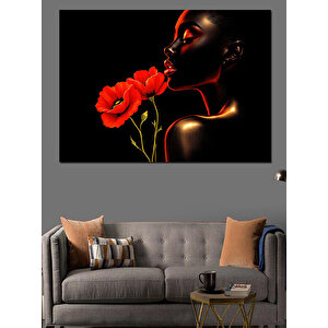Kırmızı Çiçek Öpen Kadın Dekoratif Kanvas - Mdf Ahşap Tablo 100x140 cm