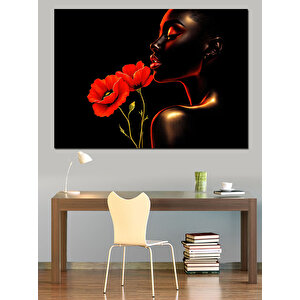 Kırmızı Çiçek Öpen Kadın Dekoratif Kanvas - Mdf Ahşap Tablo 100x140 cm