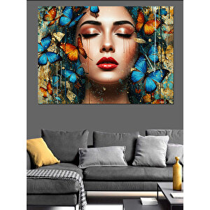 Kelebeklerle Çevrili Kadın Portresi Dekoratif Kanvas - Mdf Ahşap Tablo 70x100 cm