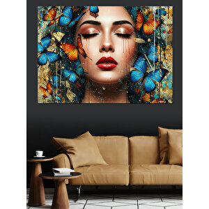 Kelebeklerle Çevrili Kadın Portresi Dekoratif Kanvas - Mdf Ahşap Tablo 70x100 cm