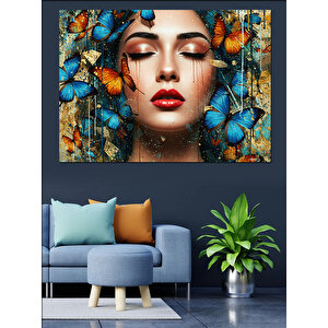 Kelebeklerle Çevrili Kadın Portresi Dekoratif Kanvas - Mdf Ahşap Tablo 70x100 cm