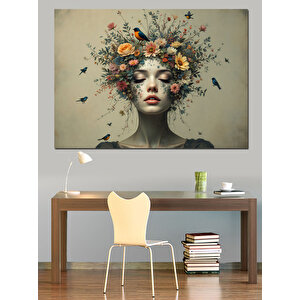 Çiçeklerden Kadın Portresi Dekoratif Kanvas - Mdf Ahşap Tablo 100x140 cm
