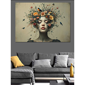 Çiçeklerden Kadın Portresi Dekoratif Kanvas - Mdf Ahşap Tablo 100x140 cm