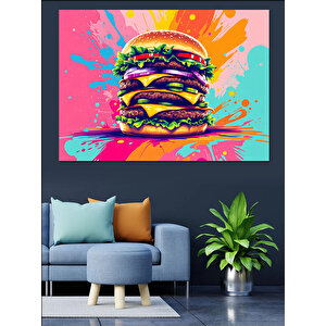 Patlayan Renkli Hamburger Dekoratif Kanvas - Mdf Ahşap Tablo 70x100 cm