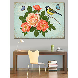 Kuş Ve Çiçekler Dekoratif Kanvas - Mdf Ahşap Tablo 100x140 cm