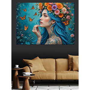 Çiçekli Saçlı Mavi Kadın Dekoratif Kanvas - Mdf Ahşap Tablo 100x140 cm