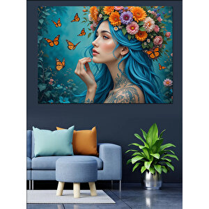 Çiçekli Saçlı Mavi Kadın Dekoratif Kanvas - Mdf Ahşap Tablo 100x140 cm