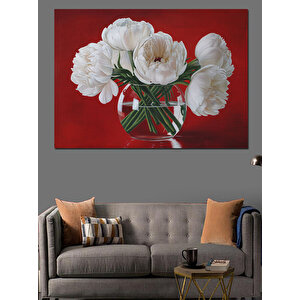 Kırmızı Fon Beyaz Çiçek Buketi Dekoratif Kanvas - Mdf Ahşap Tablo 50x70 cm