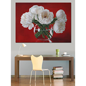 Kırmızı Fon Beyaz Çiçek Buketi Dekoratif Kanvas - Mdf Ahşap Tablo 50x70 cm