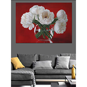 Kırmızı Fon Beyaz Çiçek Buketi Dekoratif Kanvas - Mdf Ahşap Tablo 50x70 cm