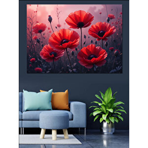 Canlı Kırmızı Gelincik Çiçekleri Dekoratif Kanvas - Mdf Ahşap Tablo 25x35 cm