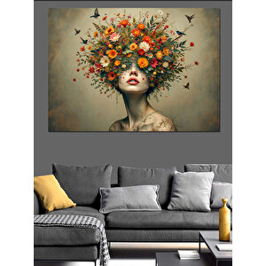 Çiçekten Saçlı Sanatsal Kadın Dekoratif Kanvas - Mdf Ahşap Tablo 70x100 cm