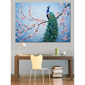 Kiraz Çiçekli Tavuskuşu Dekoratif Kanvas - Mdf Ahşap Tablo 100x140 cm