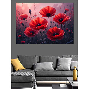 Canlı Kırmızı Gelincik Çiçekleri Dekoratif Kanvas - Mdf Ahşap Tablo 100x140 cm