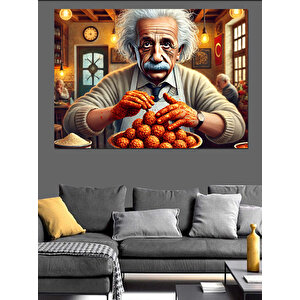 Einstein Ve Yemek Dekoratif Kanvas - Mdf Ahşap Tablo 50x70 cm