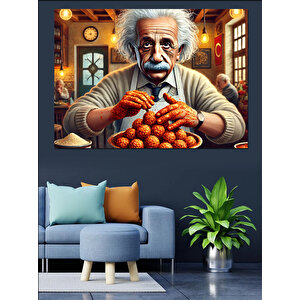 Einstein Ve Yemek Dekoratif Kanvas - Mdf Ahşap Tablo 50x70 cm