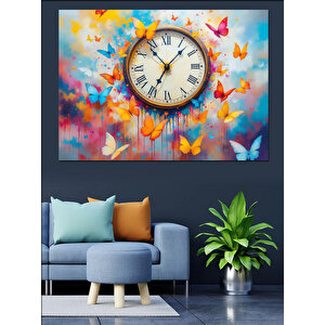 Kelebekli Saat Sanatı Dekoratif Kanvas - Mdf Ahşap Tablo 70x100 cm