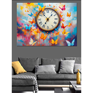 Kelebekli Saat Sanatı Dekoratif Kanvas - Mdf Ahşap Tablo 100x140 cm