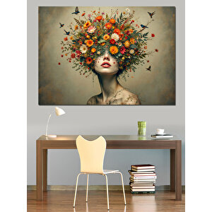 Çiçekten Saçlı Sanatsal Kadın Dekoratif Kanvas - Mdf Ahşap Tablo 100x140 cm