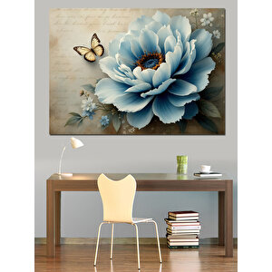 Mavi Çiçek Üzerinde Kelebek Dekoratif Kanvas - Mdf Ahşap Tablo 50x70 cm