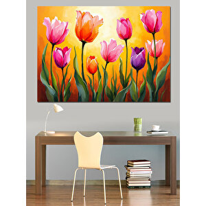 Renkli Lale Bahçesi Dekoratif Kanvas - Mdf Ahşap Tablo 35x50 cm