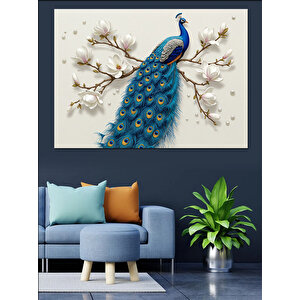 Beyaz Çiçekli Tavuskuşu Dekoratif Kanvas - Mdf Ahşap Tablo 70x100 cm
