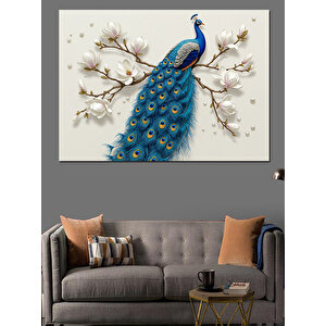 Beyaz Çiçekli Tavuskuşu Dekoratif Kanvas - Mdf Ahşap Tablo 70x100 cm
