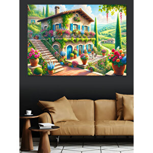 Çiçekli Avlulu Ev Dekoratif Kanvas - Mdf Ahşap Tablo 35x50 cm