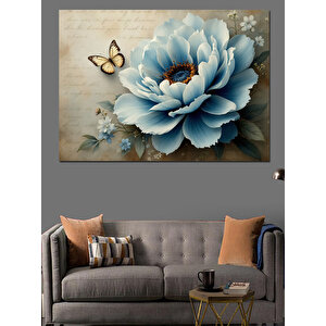 Mavi Çiçek Üzerinde Kelebek Dekoratif Kanvas - Mdf Ahşap Tablo 100x140 cm