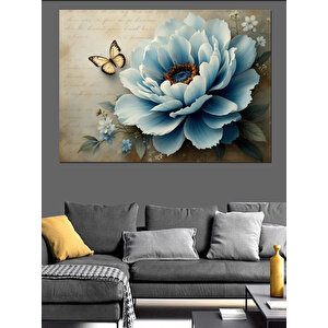 Mavi Çiçek Üzerinde Kelebek Dekoratif Kanvas - Mdf Ahşap Tablo 100x140 cm