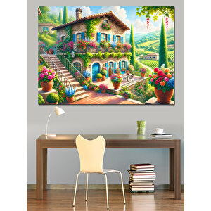 Çiçekli Avlulu Ev Dekoratif Kanvas - Mdf Ahşap Tablo 25x35 cm