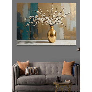 Altın Vazo Beyaz Çiçek Dekoratif Kanvas - Mdf Ahşap Tablo 100x140 cm