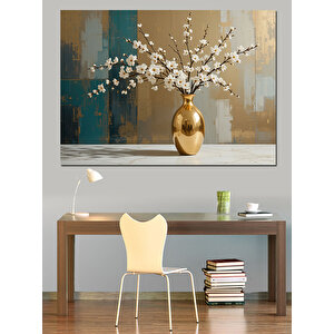 Altın Vazo Beyaz Çiçek Dekoratif Kanvas - Mdf Ahşap Tablo 100x140 cm