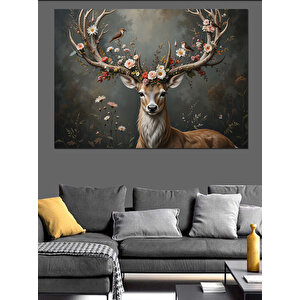 Çiçekli Geyik Dekoratif Kanvas - Mdf Ahşap Tablo 100x140 cm