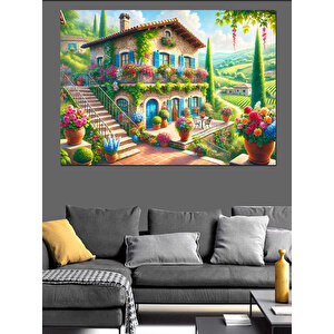 Çiçekli Avlulu Ev Dekoratif Kanvas - Mdf Ahşap Tablo 70x100 cm