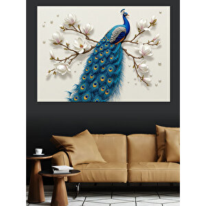 Beyaz Çiçekli Tavuskuşu Dekoratif Kanvas - Mdf Ahşap Tablo 50x70 cm