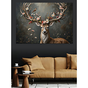 Çiçekli Geyik Dekoratif Kanvas - Mdf Ahşap Tablo 70x100 cm