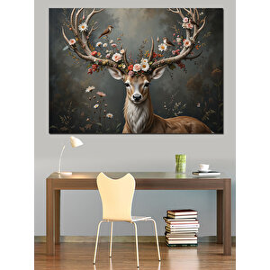 Çiçekli Geyik Dekoratif Kanvas - Mdf Ahşap Tablo 50x70 cm
