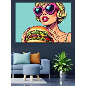 Kalpli Gözlükle Hamburger Kadın Dekoratif Kanvas - Mdf Ahşap Tablo 35x50 cm