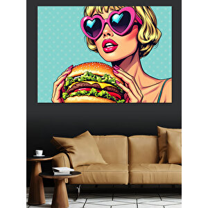 Kalpli Gözlükle Hamburger Kadın Dekoratif Kanvas - Mdf Ahşap Tablo 100x140 cm