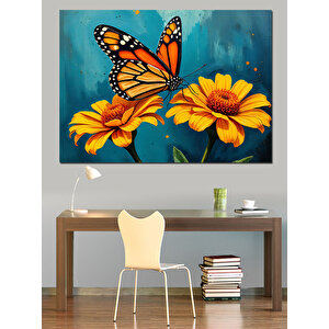 Kelebekler Ve Sarı Çiçekler Dekoratif Kanvas - Mdf Ahşap Tablo 100x140 cm