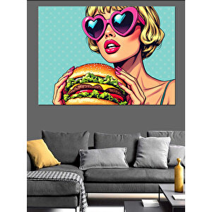 Kalpli Gözlükle Hamburger Kadın Dekoratif Kanvas - Mdf Ahşap Tablo 50x70 cm