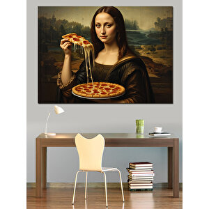 Pizza Yiyen Mona Lisa Dekoratif Kanvas - Mdf Ahşap Tablo 35x50 cm